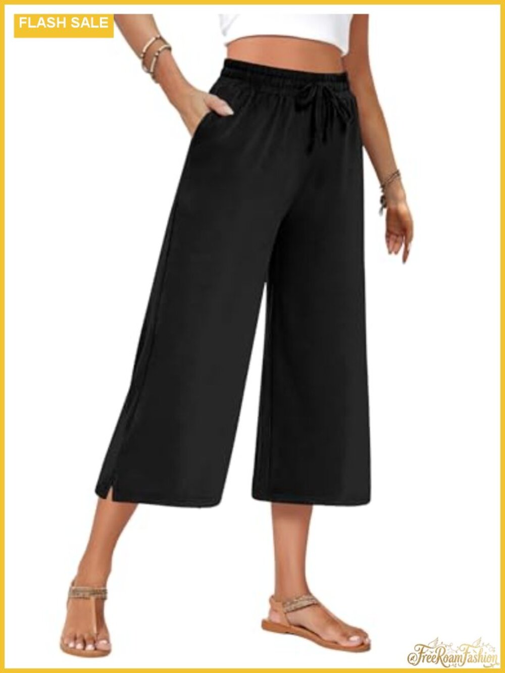 Women's Wide Leg Capri Pants Drawstring Lounge Yoga Pockets 90% Polyester 10%
